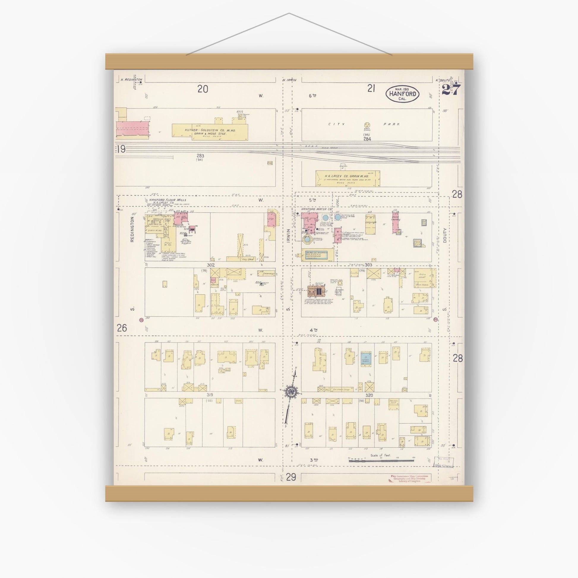 Old map wall art mockup — magnetic wood frame on white wall — Sanborn Fire Insurance Map from Hanford, Kings County, California (1913), Sheet #0027
