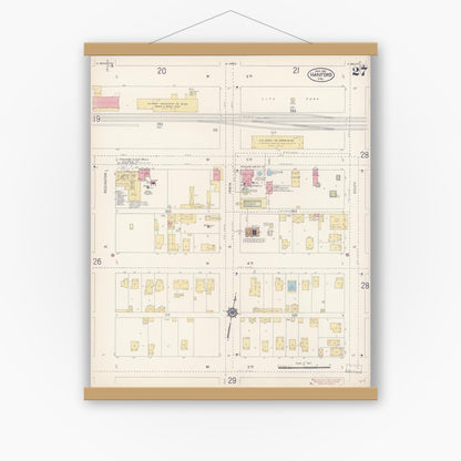 Old map wall art mockup — magnetic wood frame on white wall — Sanborn Fire Insurance Map from Hanford, Kings County, California (1913), Sheet #0027