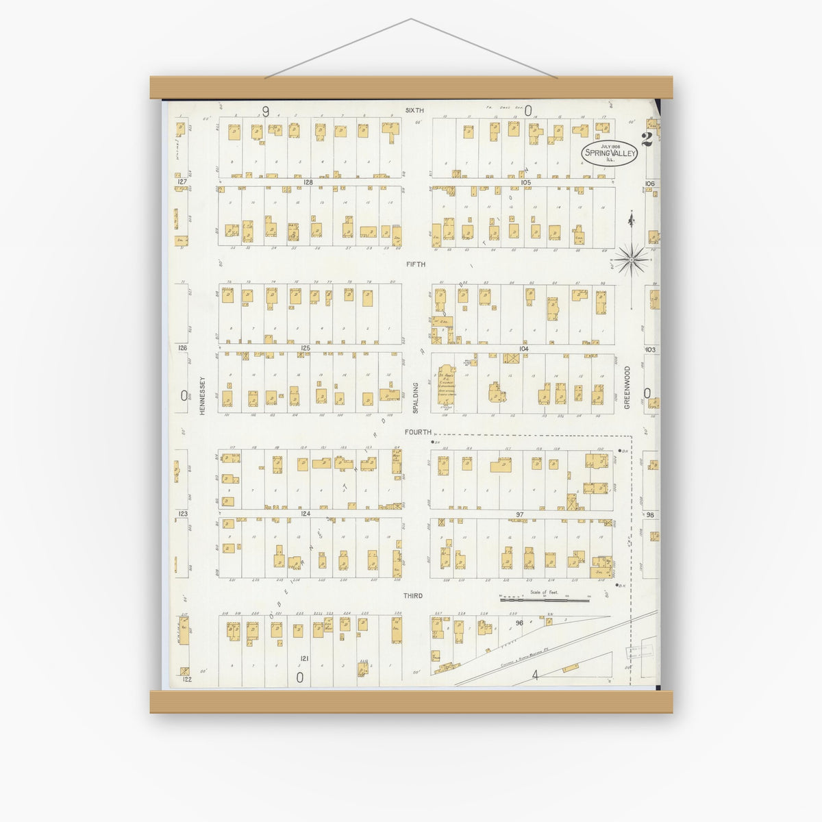 Old map wall art mockup — magnetic wood frame on white wall — Sanborn Fire Insurance Map from Spring Valley, Bureau County, Illinois (1906), Sheet #0002