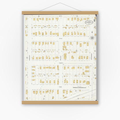Old map wall art mockup — magnetic wood frame on white wall — Sanborn Fire Insurance Map from Spring Valley, Bureau County, Illinois (1906), Sheet #0002