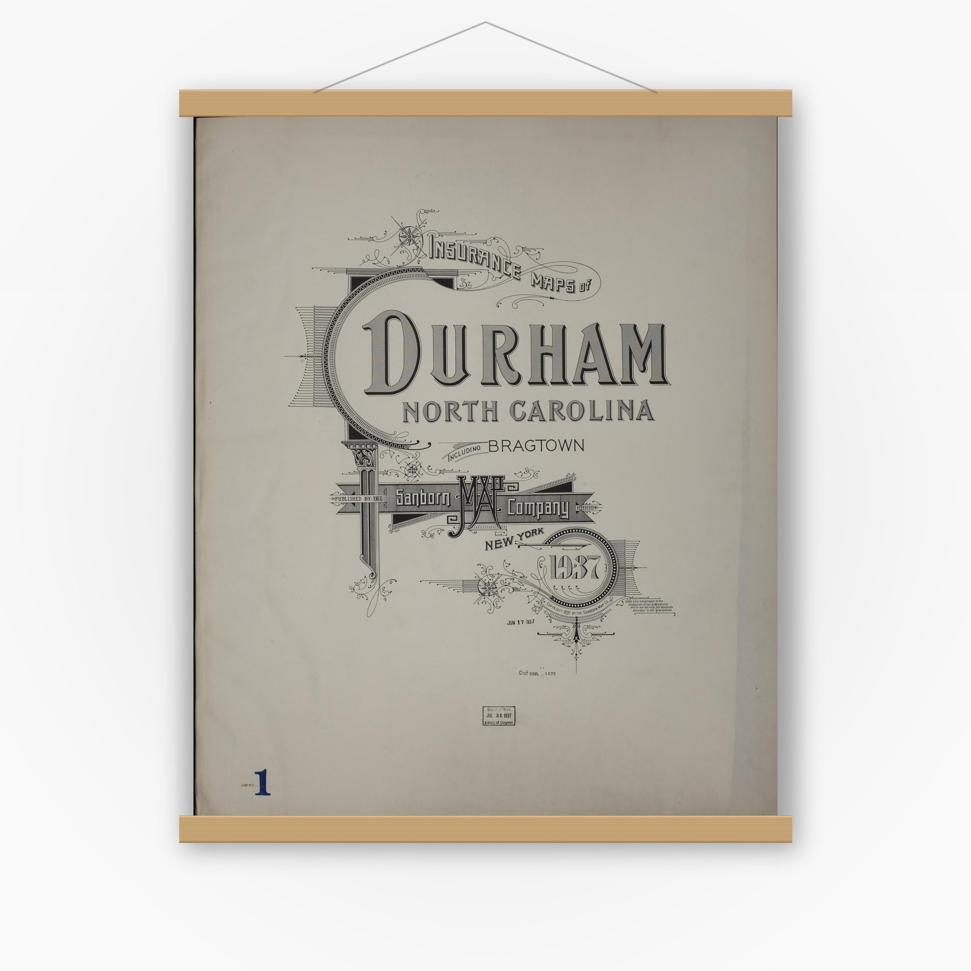 Old map wall art mockup — magnetic wood frame on white wall — Sanborn Fire Insurance Map from Durham, Durham County, North Carolina (1937), Sheet #0001