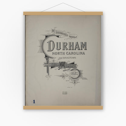 Old map wall art mockup — magnetic wood frame on white wall — Sanborn Fire Insurance Map from Durham, Durham County, North Carolina (1937), Sheet #0001