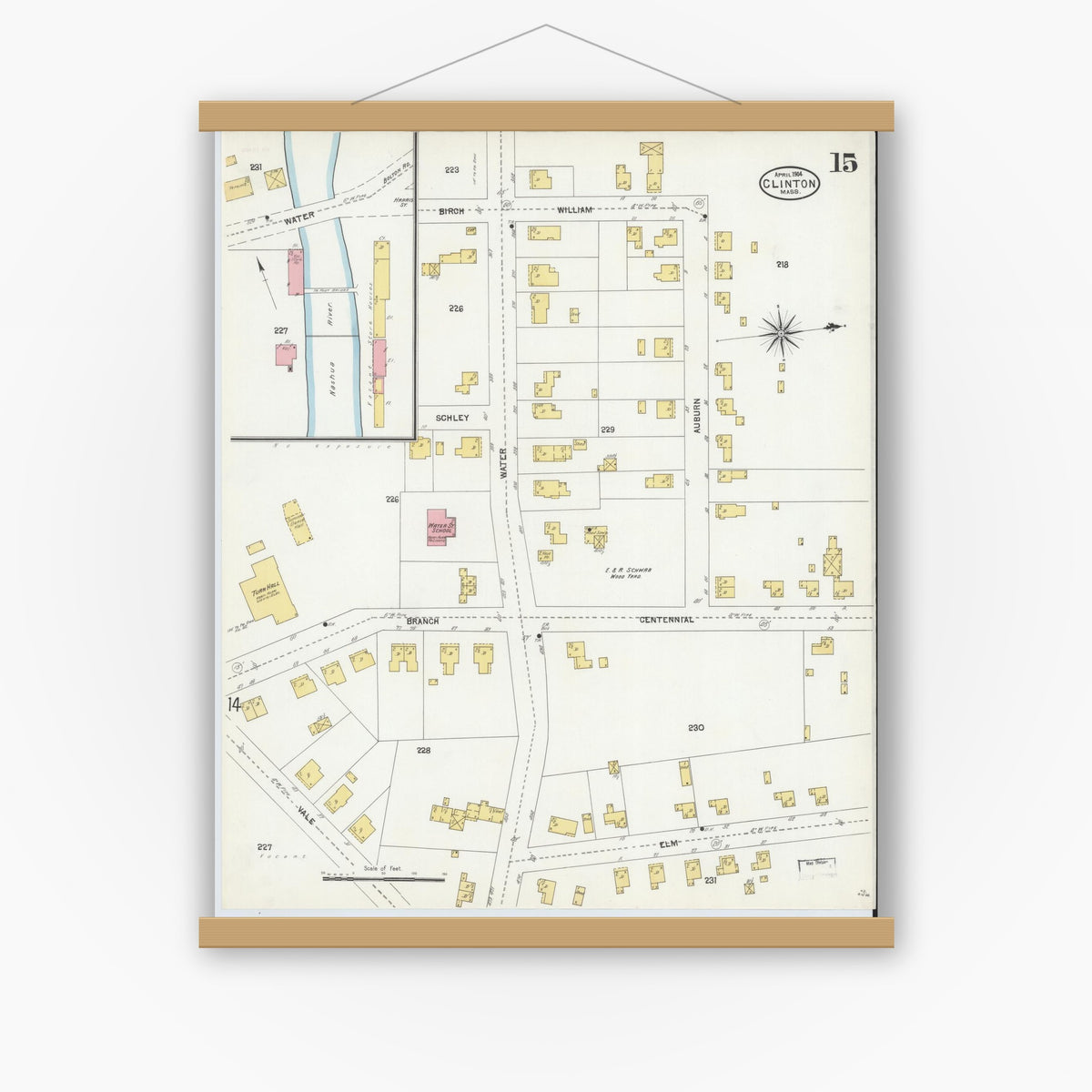 Old map wall art mockup — magnetic wood frame on white wall — Sanborn Fire Insurance Map from Clinton, Worcester County, Massachusetts (1904), Sheet #0015