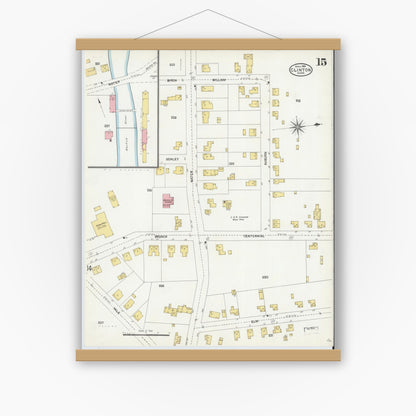 Old map wall art mockup — magnetic wood frame on white wall — Sanborn Fire Insurance Map from Clinton, Worcester County, Massachusetts (1904), Sheet #0015