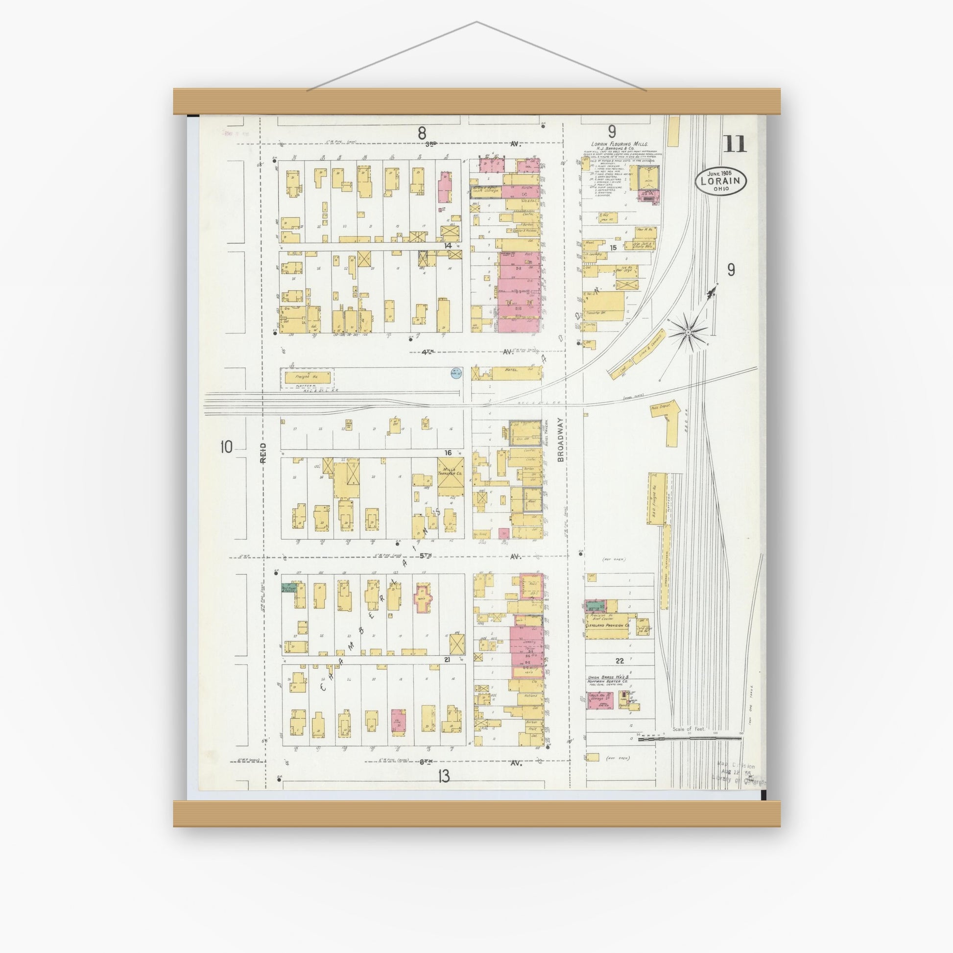 Old map wall art mockup — magnetic wood frame on white wall — Sanborn Fire Insurance Map from Lorain, Lorain County, Ohio (1905), Sheet #0011