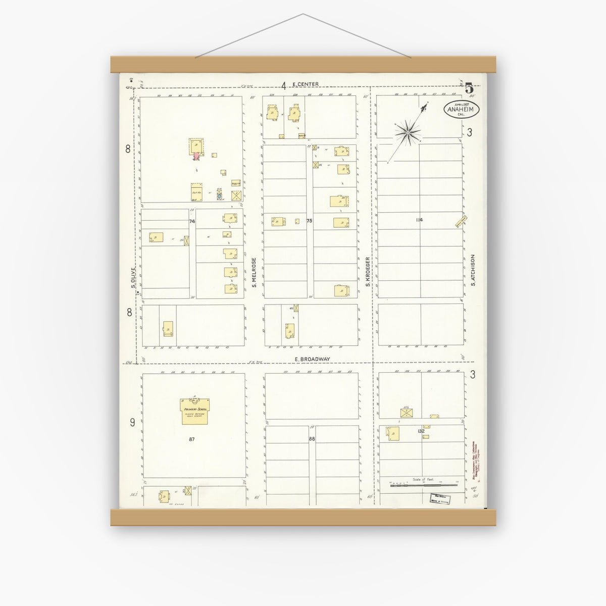 Old map wall art mockup — magnetic wood frame on white wall — Sanborn Fire Insurance Map from Anaheim, Orange County, California (1907), Sheet #0005