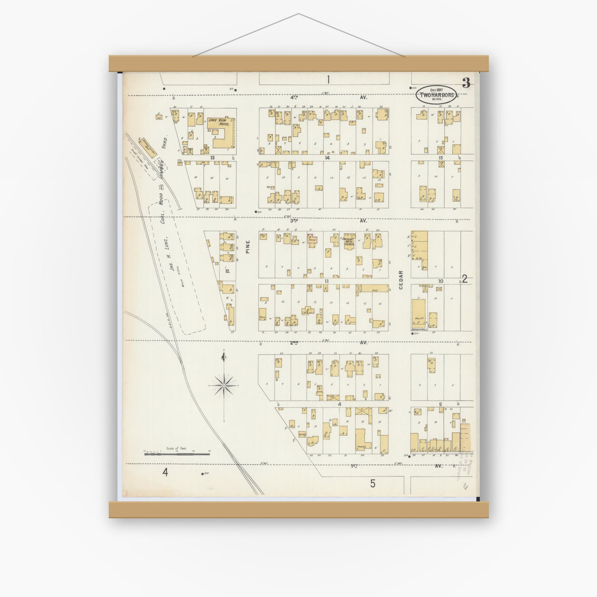 Old map wall art mockup — magnetic wood frame on white wall — Sanborn Fire Insurance Map from Two Harbors, Lake County, Minnesota (1897), Sheet #0003