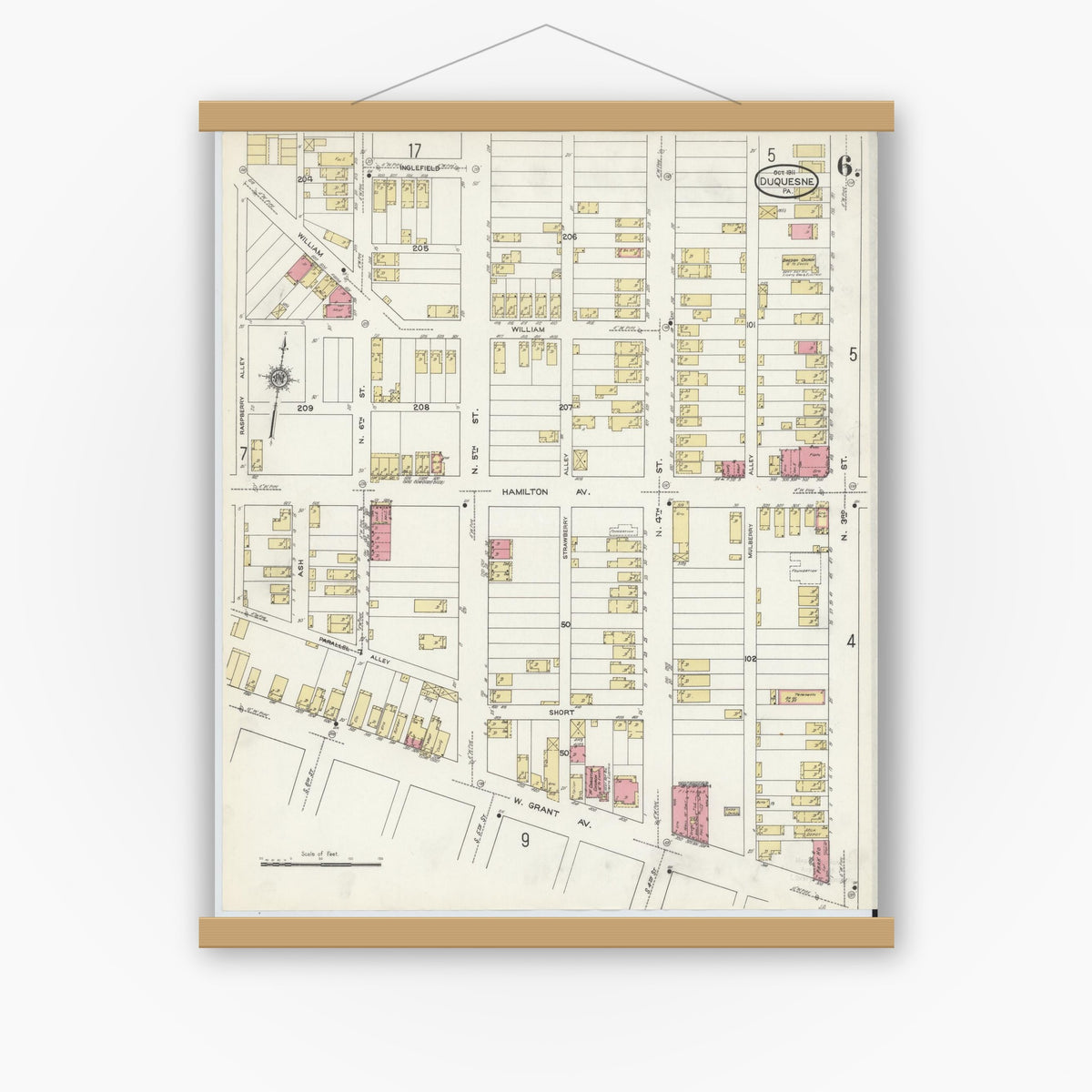 Old map wall art mockup — magnetic wood frame on white wall — Sanborn Fire Insurance Map from Duquesne, Allegheny County, Pennsylvania (1911), Sheet #0006