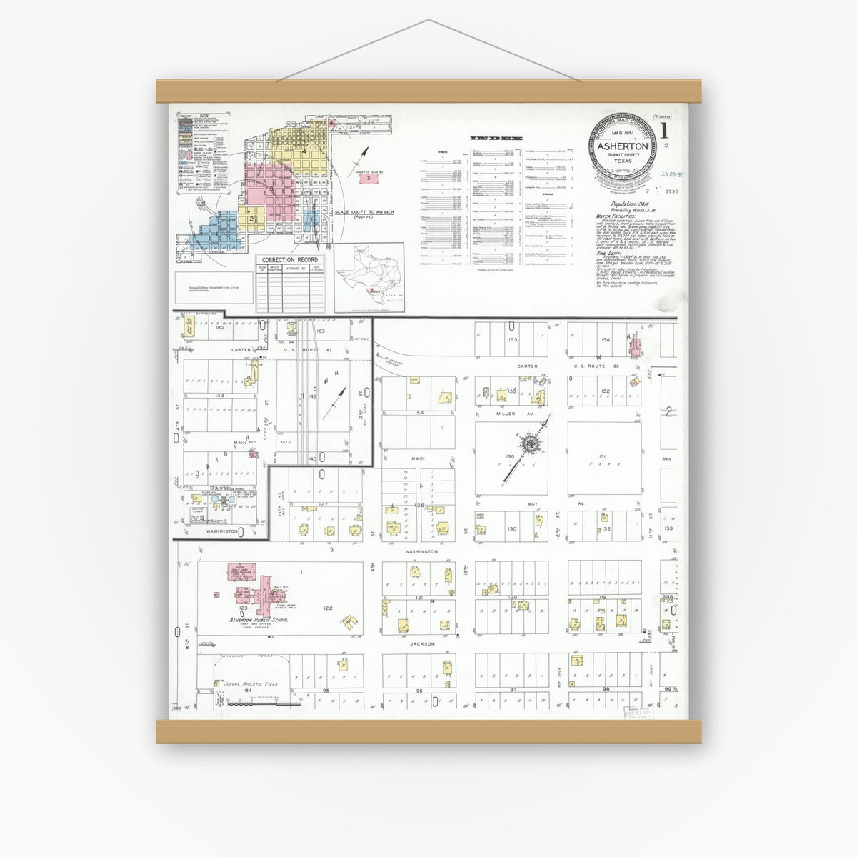 Old map wall art mockup — magnetic wood frame on white wall — Sanborn Fire Insurance Map from Asherton, Dimmit County, Texas (1951) - Complete Map Set