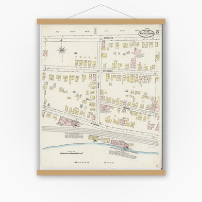 Old map wall art mockup — magnetic wood frame on white wall — Sanborn Fire Insurance Map from Amsterdam, Montgomery County, New York (1888), Sheet #0003