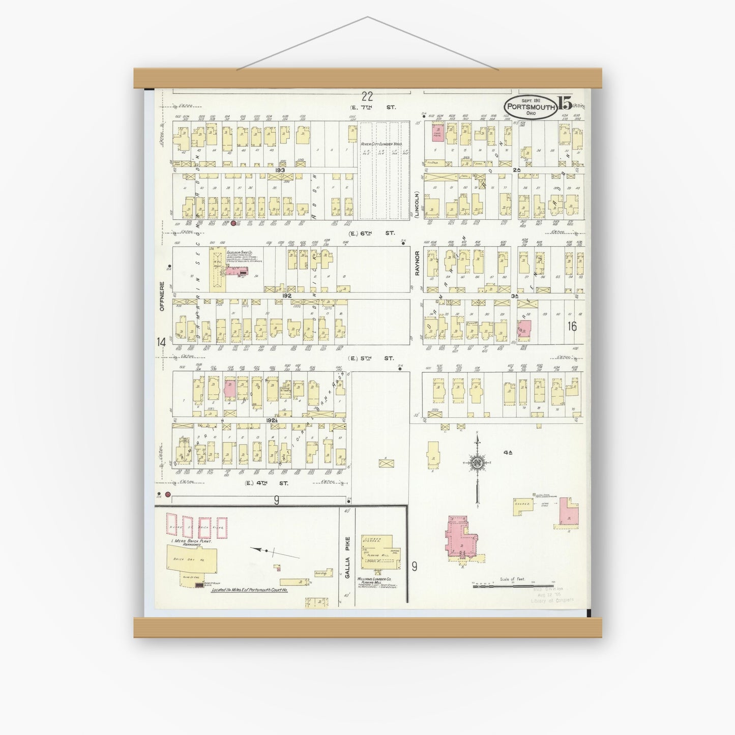 Old map wall art mockup — magnetic wood frame on white wall — Sanborn Fire Insurance Map from Portsmouth, Scioto County, Ohio (1911), Sheet #0015