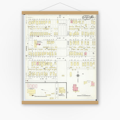 Old map wall art mockup — magnetic wood frame on white wall — Sanborn Fire Insurance Map from Portsmouth, Scioto County, Ohio (1911), Sheet #0015