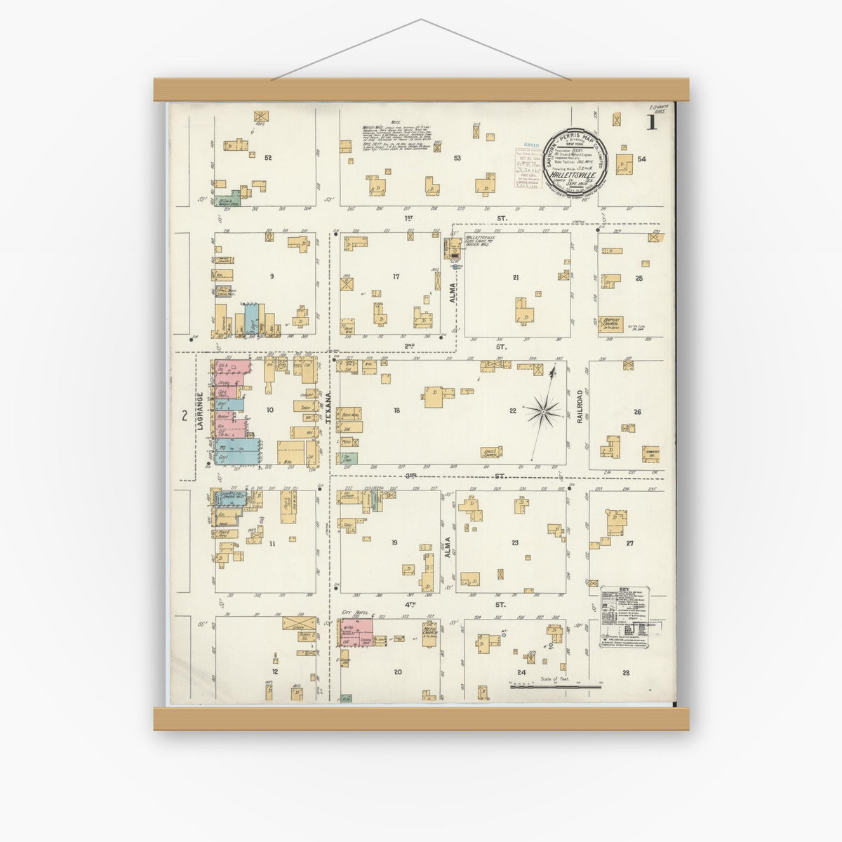 Old map wall art mockup — magnetic wood frame on white wall — Sanborn Fire Insurance Map from Hallettsville, Lavaca County, Texas (1900) - Complete Map Set