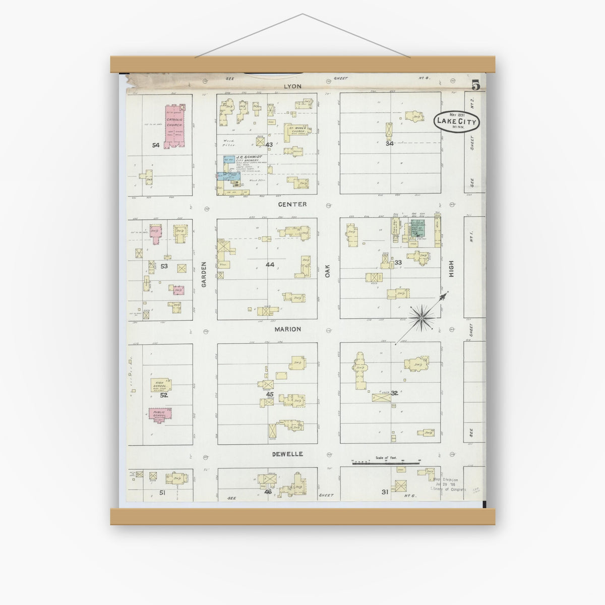 Old map wall art mockup — magnetic wood frame on white wall — Sanborn Fire Insurance Map from Lake City, Wabasha County, Minnesota (1891), Sheet #0005