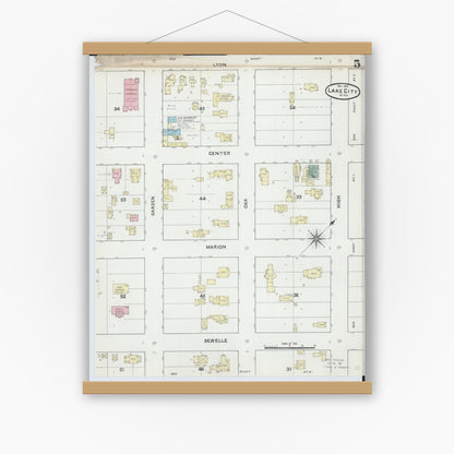 Old map wall art mockup — magnetic wood frame on white wall — Sanborn Fire Insurance Map from Lake City, Wabasha County, Minnesota (1891), Sheet #0005