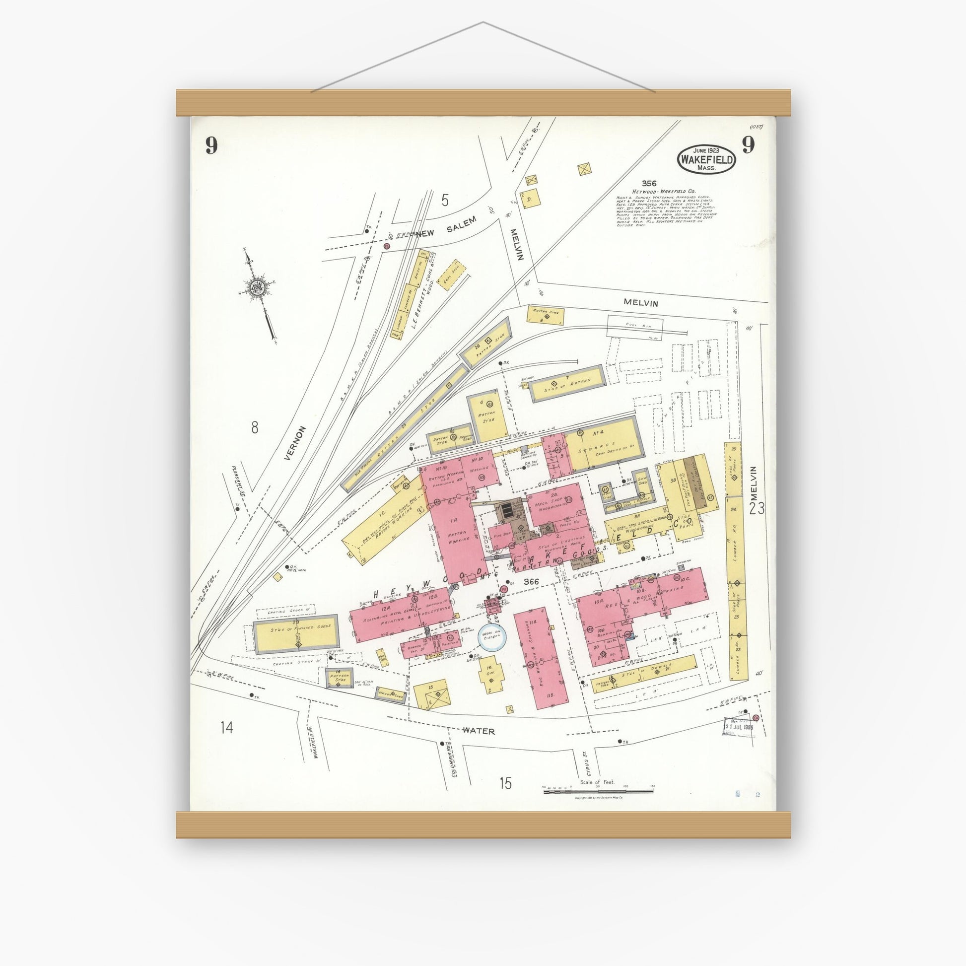 Old map wall art mockup — magnetic wood frame on white wall — Sanborn Fire Insurance Map from Wakefield, Middlesex County, Massachusetts (1923), Sheet #0009