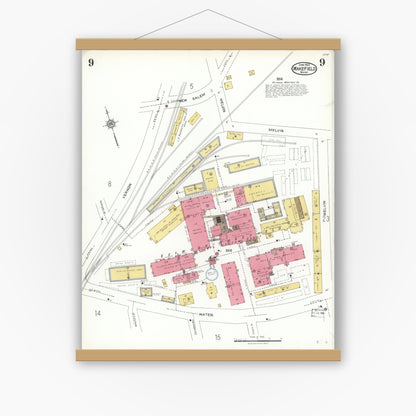 Old map wall art mockup — magnetic wood frame on white wall — Sanborn Fire Insurance Map from Wakefield, Middlesex County, Massachusetts (1923), Sheet #0009