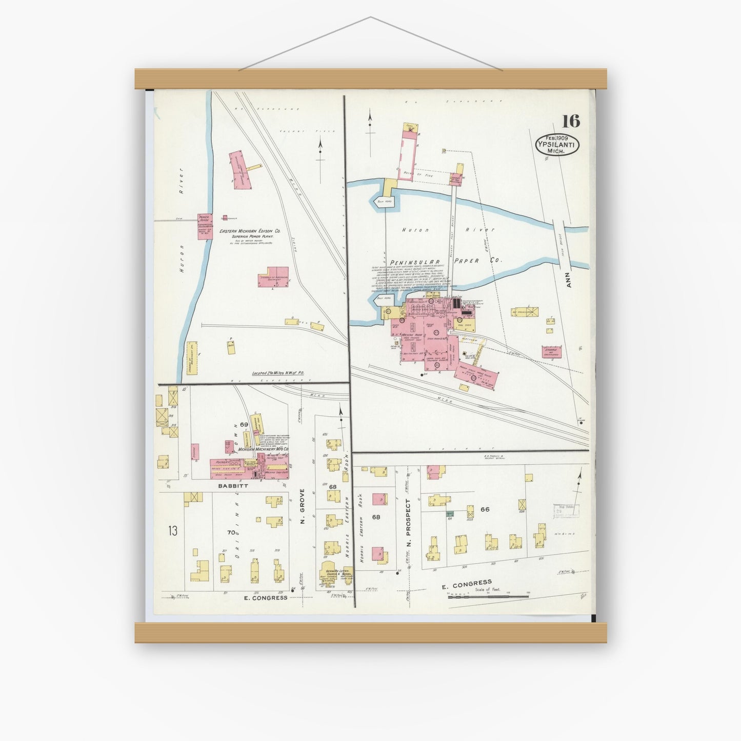 Old map wall art mockup — magnetic wood frame on white wall — Sanborn Fire Insurance Map from Ypsilanti, Washtenaw County, Michigan (1909), Sheet #0016
