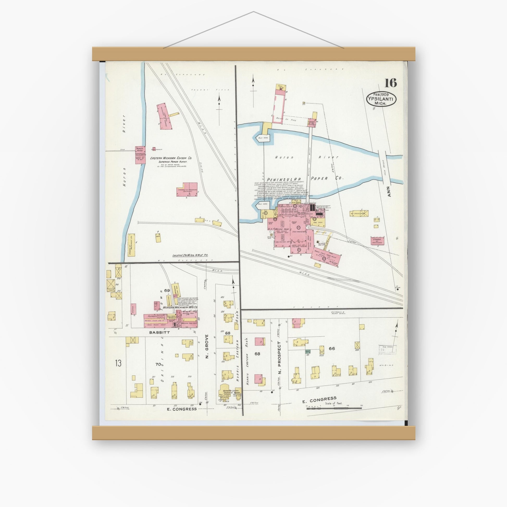 Old map wall art mockup — magnetic wood frame on white wall — Sanborn Fire Insurance Map from Ypsilanti, Washtenaw County, Michigan (1909), Sheet #0016