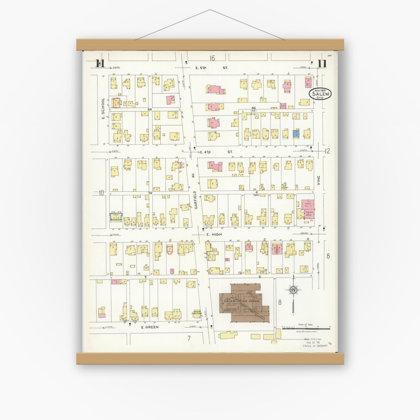 Old map wall art mockup — magnetic wood frame on white wall — Sanborn Fire Insurance Map from Salem, Columbiana County, Ohio (1926), Sheet #0011