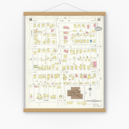Old map wall art mockup — magnetic wood frame on white wall — Sanborn Fire Insurance Map from Salem, Columbiana County, Ohio (1926), Sheet #0011