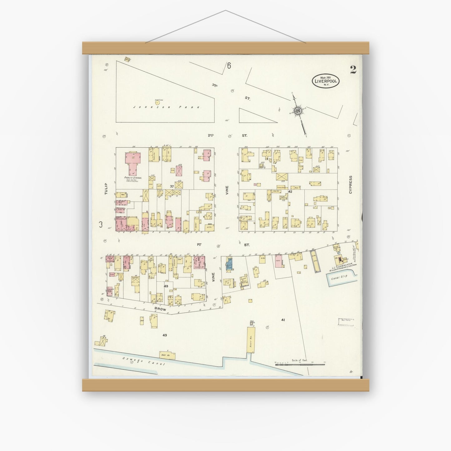 Old map wall art mockup — magnetic wood frame on white wall — Sanborn Fire Insurance Map from Liverpool, Onondaga County, New York (1911), Sheet #0002