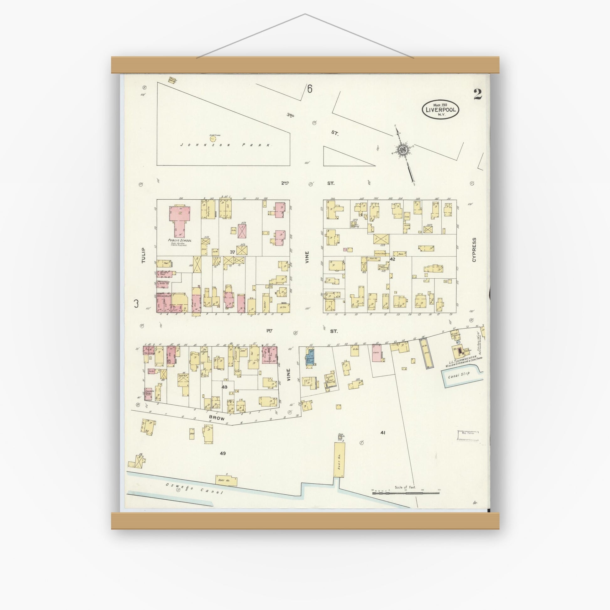 Old map wall art mockup — magnetic wood frame on white wall — Sanborn Fire Insurance Map from Liverpool, Onondaga County, New York (1911), Sheet #0002