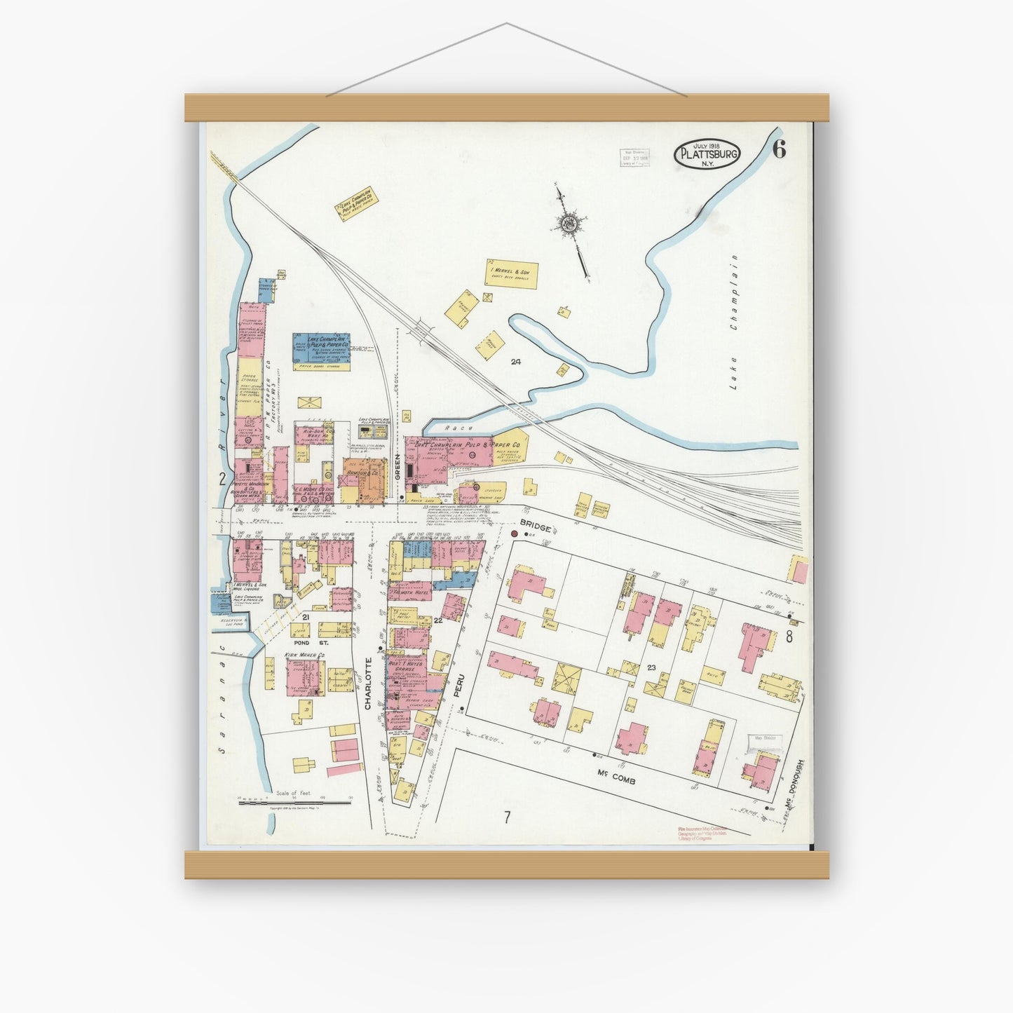 Old map wall art mockup — magnetic wood frame on white wall — Sanborn Fire Insurance Map from Plattsburg, Clinton County, New York (1918), Sheet #0006