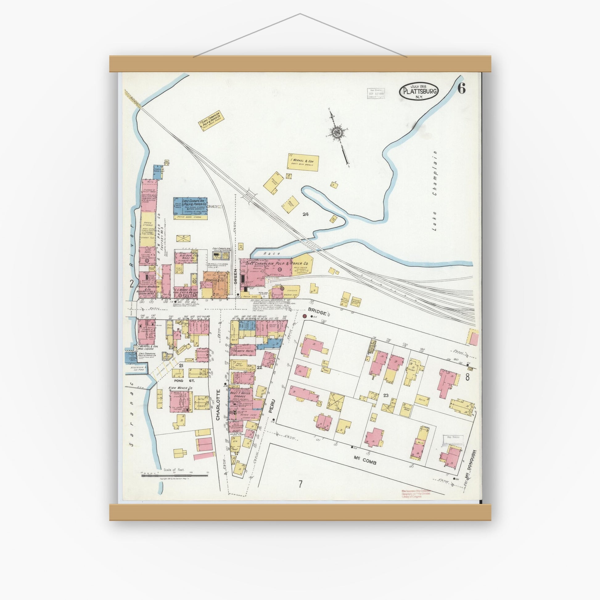 Old map wall art mockup — magnetic wood frame on white wall — Sanborn Fire Insurance Map from Plattsburg, Clinton County, New York (1918), Sheet #0006
