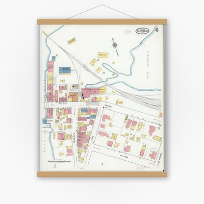 Old map wall art mockup — magnetic wood frame on white wall — Sanborn Fire Insurance Map from Plattsburg, Clinton County, New York (1918), Sheet #0006