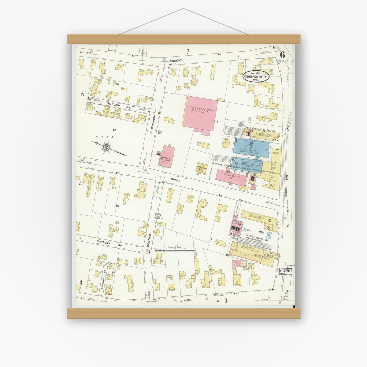 Old map wall art mockup — magnetic wood frame on white wall — Sanborn Fire Insurance Map from North Brookfield, Worcester County, Massachusetts (1913), Sheet #0006