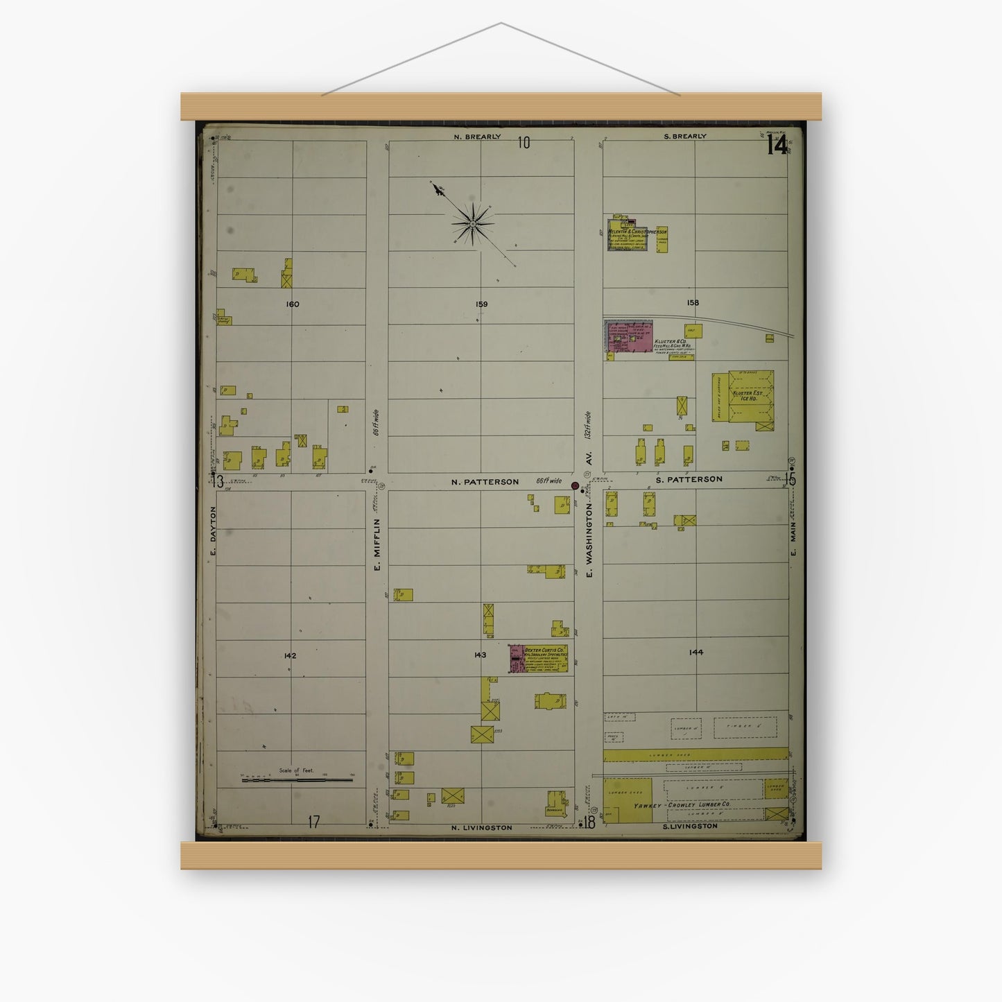 Old map wall art mockup — magnetic wood frame on white wall — Sanborn Fire Insurance Map from Madison, Dane County, Wisconsin (1908), Sheet #0014