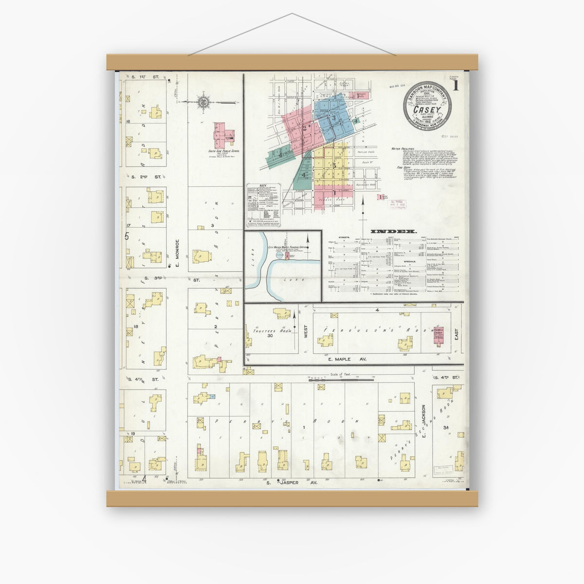 Old map wall art mockup — magnetic wood frame on white wall — Sanborn Fire Insurance Map from Casey, Clark County, Illinois (1912) - Complete Map Set