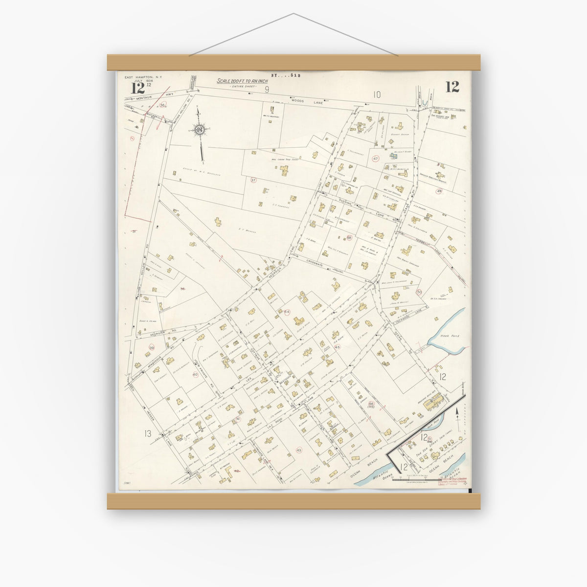 Old map wall art mockup — magnetic wood frame on white wall — Sanborn Fire Insurance Map from Easthampton, Suffolk County, New York (1943), Sheet #0012