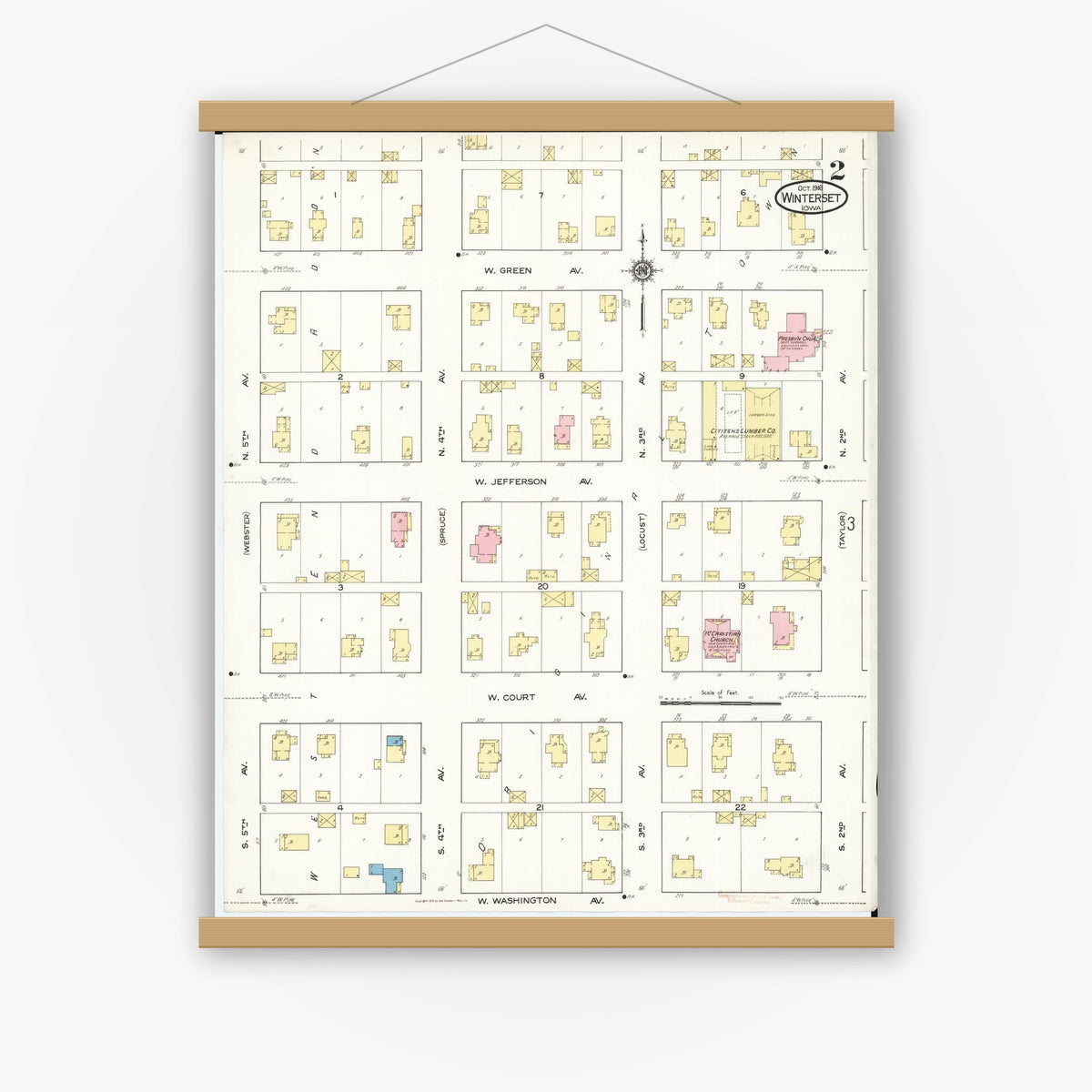 Old map wall art mockup — magnetic wood frame on white wall — Sanborn Fire Insurance Map from Winterset, Madison County, Iowa (1916), Sheet #0002