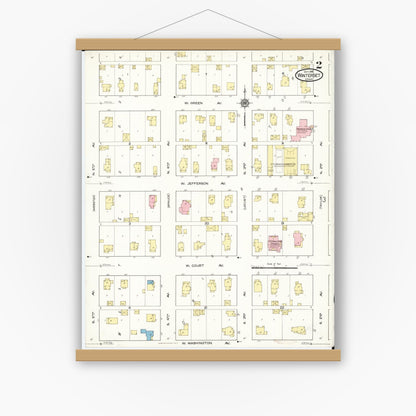 Old map wall art mockup — magnetic wood frame on white wall — Sanborn Fire Insurance Map from Winterset, Madison County, Iowa (1916), Sheet #0002