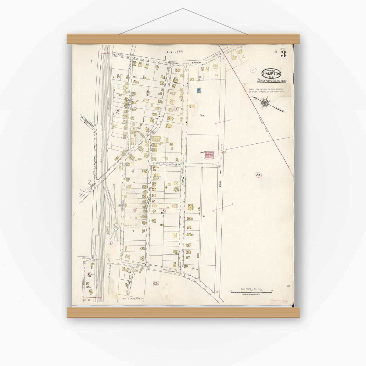 Old map wall art mockup — magnetic wood frame on white wall — Sanborn Fire Insurance Map from Hampton, Hunterdon County, New Jersey (1936), Sheet #0003