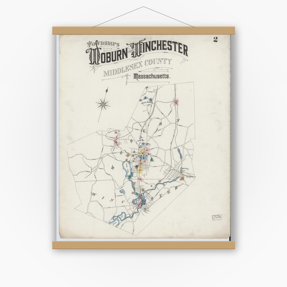 Old map wall art mockup — magnetic wood frame on white wall — Sanborn Fire Insurance Map from Woburn, Middlesex County, Massachusetts (1888), Sheet #0002
