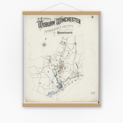 Old map wall art mockup — magnetic wood frame on white wall — Sanborn Fire Insurance Map from Woburn, Middlesex County, Massachusetts (1888), Sheet #0002