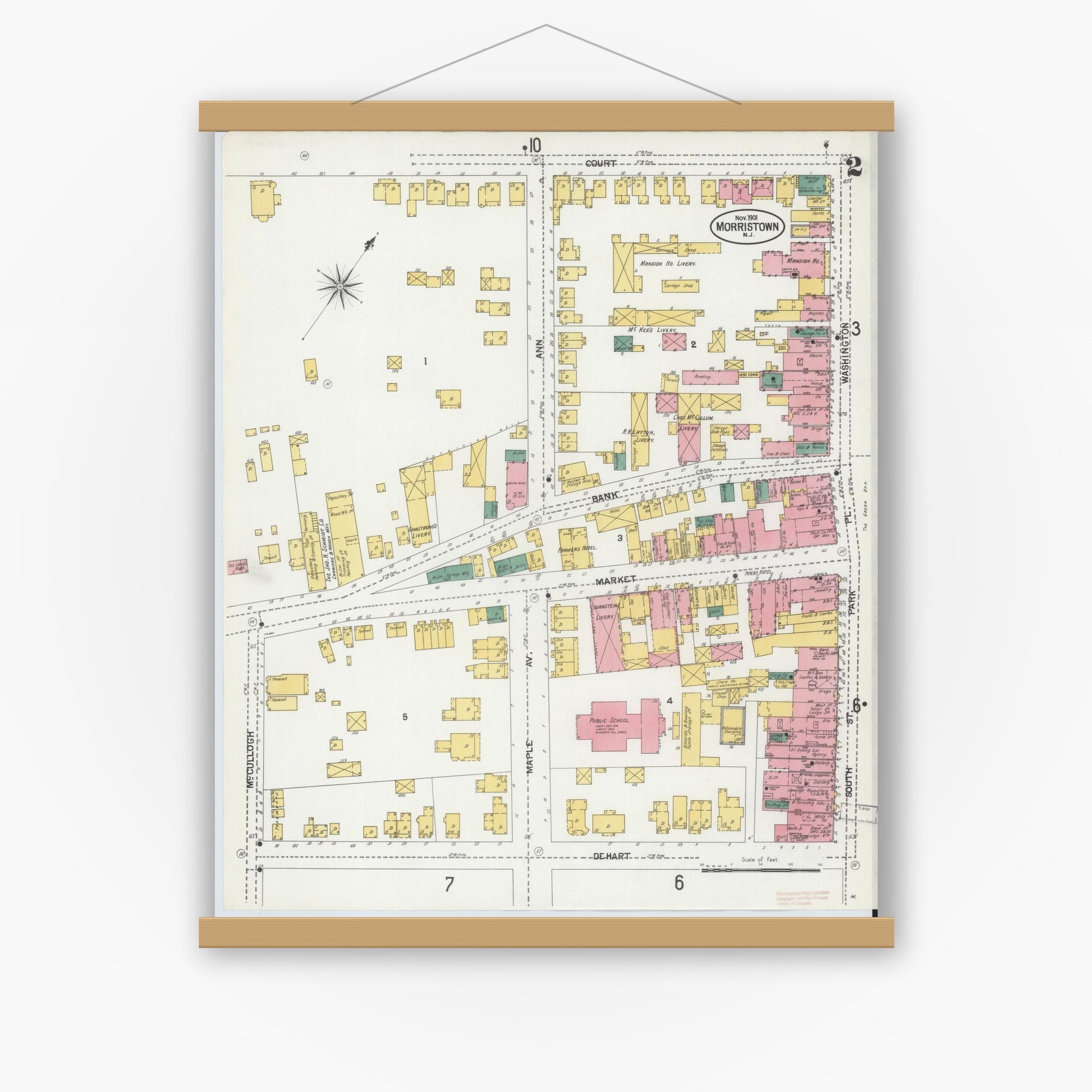 Old map wall art mockup — magnetic wood frame on white wall — Sanborn Fire Insurance Map from Morristown, Morris County, New Jersey (1901) - Complete Map Set