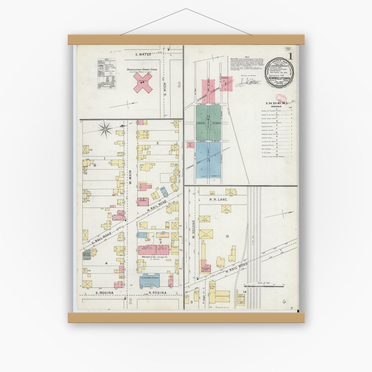 Old map wall art mockup — magnetic wood frame on white wall — Sanborn Fire Insurance Map from Hummelstown, Dauphin County, Pennsylvania (1895) - Complete Map Set