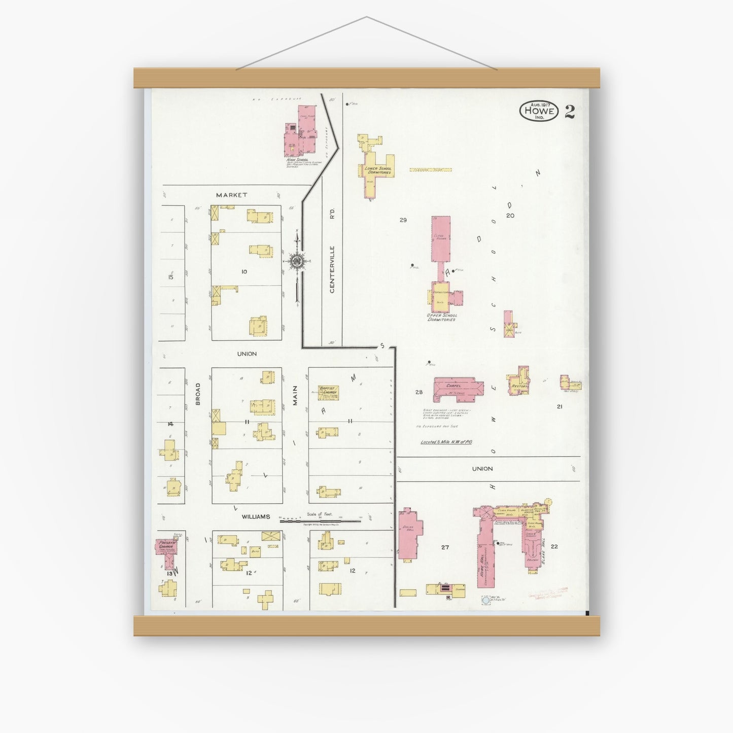 Old map wall art mockup — magnetic wood frame on white wall — Sanborn Fire Insurance Map from Howe, LaGrange County, Indiana (1917), Sheet #0002