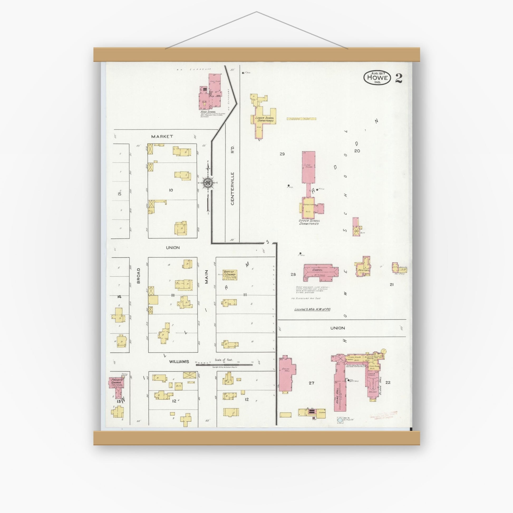 Old map wall art mockup — magnetic wood frame on white wall — Sanborn Fire Insurance Map from Howe, LaGrange County, Indiana (1917), Sheet #0002