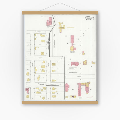 Old map wall art mockup — magnetic wood frame on white wall — Sanborn Fire Insurance Map from Howe, LaGrange County, Indiana (1917), Sheet #0002