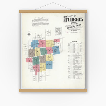 Old map wall art mockup — magnetic wood frame on white wall — Sanborn Fire Insurance Map from Sturgis, Saint Joseph County, Michigan (1911), Sheet #0001