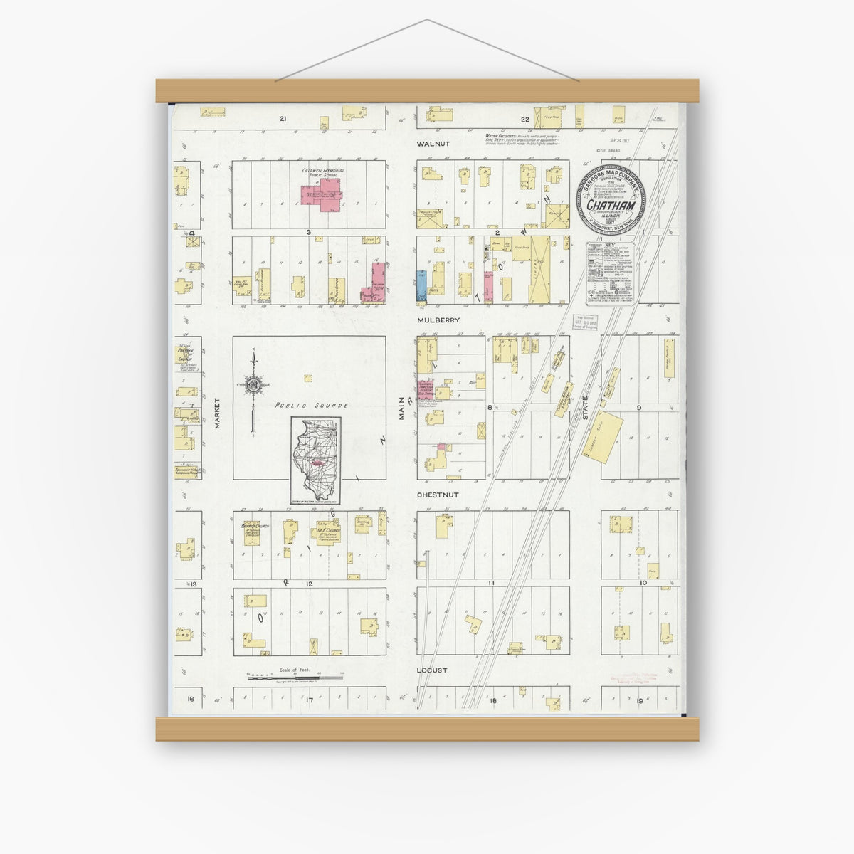Old map wall art mockup — magnetic wood frame on white wall — Sanborn Fire Insurance Map from Chatham, Sangamon County, Illinois (1917), Sheet #0001