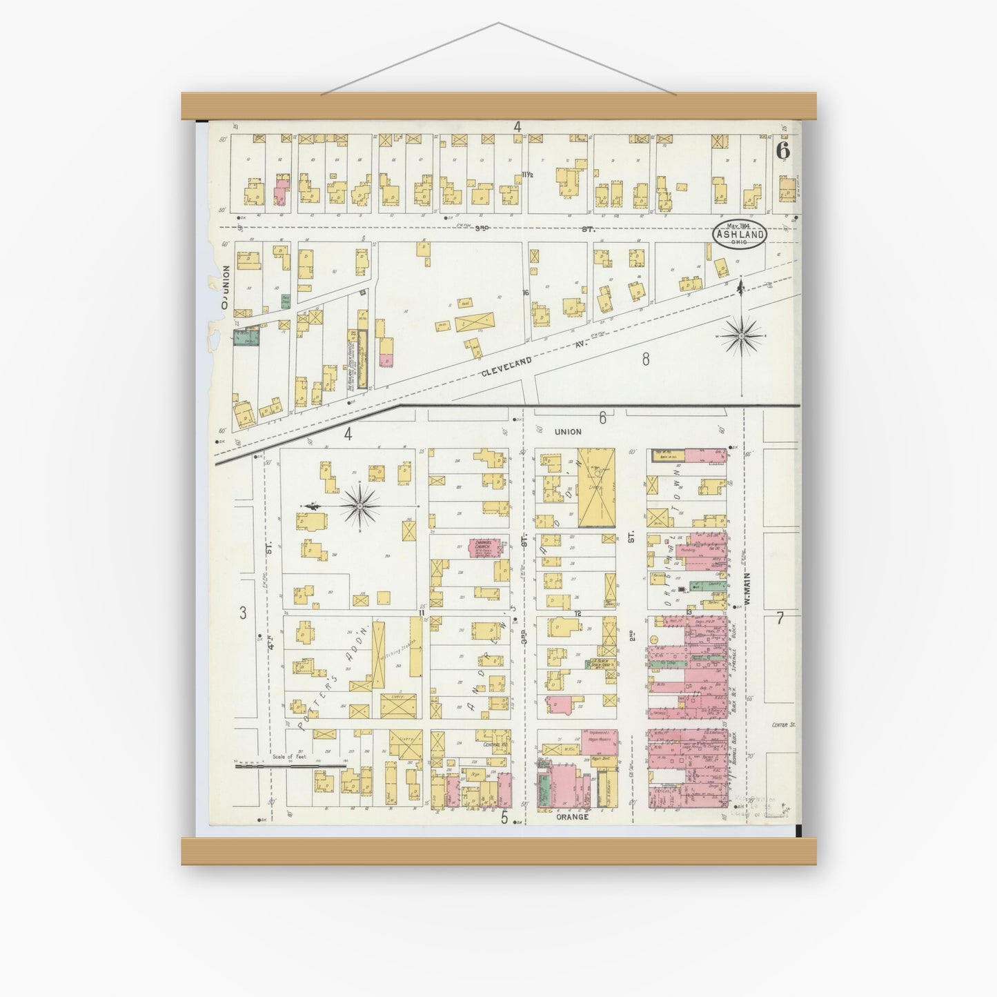 Old map wall art mockup — magnetic wood frame on white wall — Sanborn Fire Insurance Map from Ashland, Ashland County, Ohio (1904), Sheet #0006