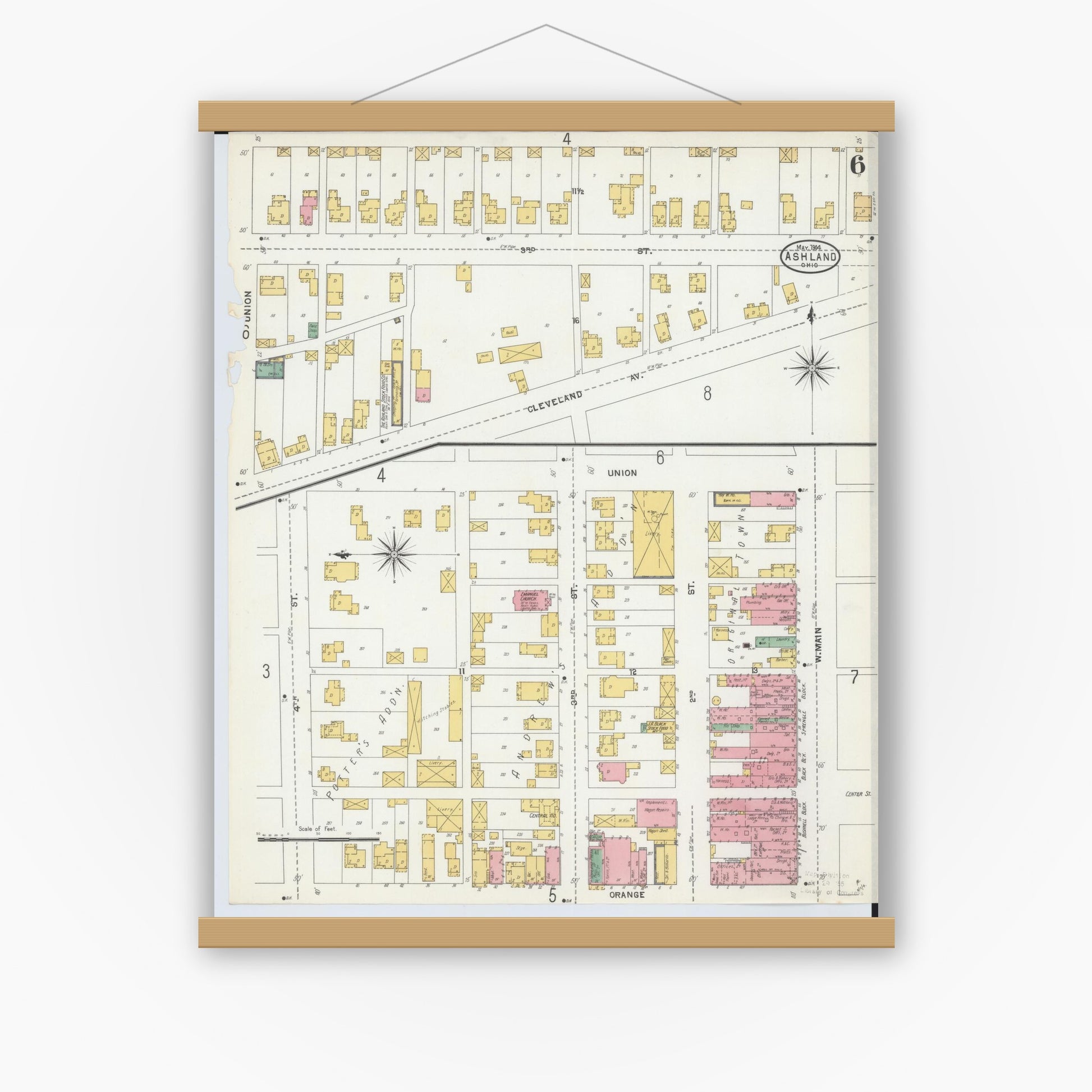 Old map wall art mockup — magnetic wood frame on white wall — Sanborn Fire Insurance Map from Ashland, Ashland County, Ohio (1904), Sheet #0006