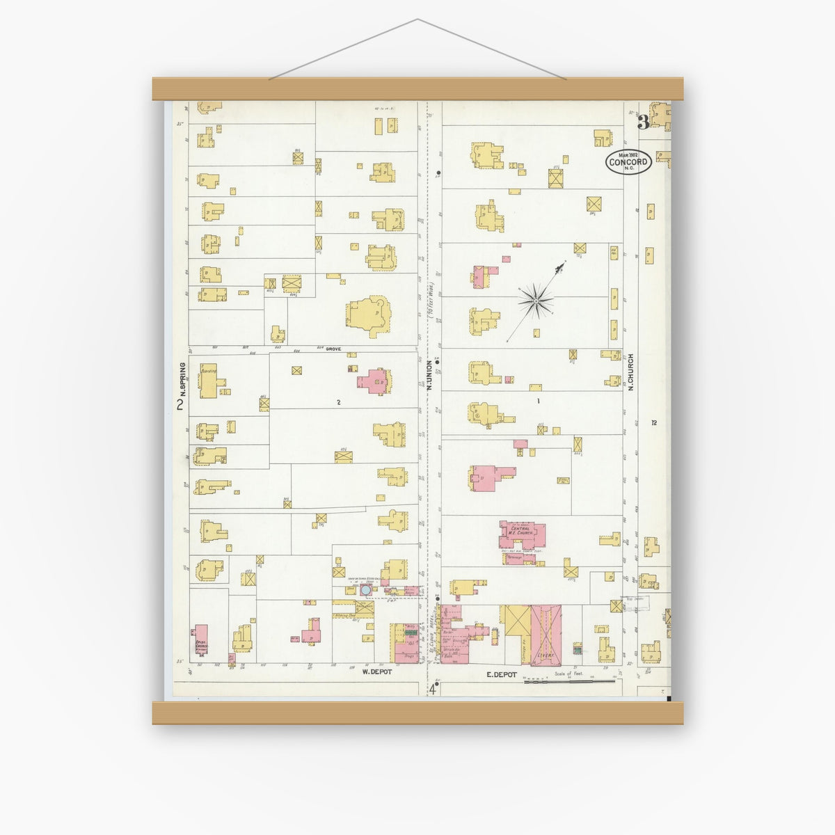 Old map wall art mockup — magnetic wood frame on white wall — Sanborn Fire Insurance Map from Concord, Cabarrus County, North Carolina (1902), Sheet #0003