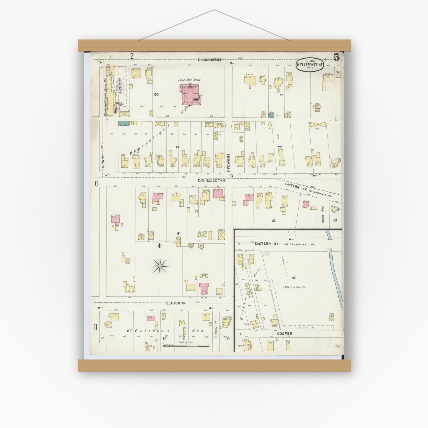 Old map wall art mockup — magnetic wood frame on white wall — Sanborn Fire Insurance Map from Bellefontaine, Logan County, Ohio (1896), Sheet #0005